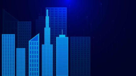 Smart city and modern office building. Global business connection. Technology city concept background. Vector illustration.のイラスト素材