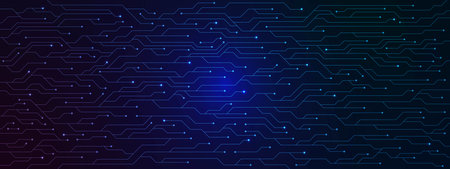 Abstract blue electronic circuit board texture. Scifi PCB trace data transfer and digital technology...