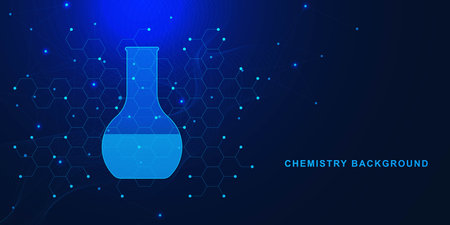 Chemistry concept with lab flask. Molecular structure and glowing particles. Medicine, science and technology innovation design background. Vector illustration.のイラスト素材