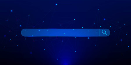 Internet browsing and online research with connecting dots and lines. Digital information concept with search bar on dark blue background. Vector illustration.のイラスト素材