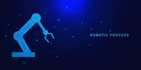 Smart technology manufacturing process with futuristic robotic arm. Industry 4.0 concept. Robotic production line on smart factory on dark blue background. Vector illustration.のイラスト素材