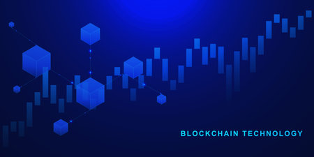 Blockchain technology with candlestick chart graph and digital linked block contain cryptography and transaction data on a futuristic technology background. Vector illustration.のイラスト素材