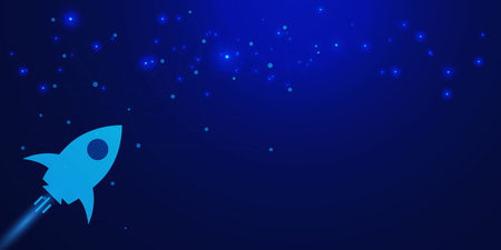 Business startup with rocket launch and network connection. Goal achievement and booster concept on...