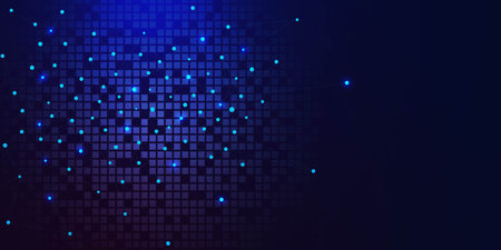 Global network connection concept with connecting the dots and lines and digital pixel on dark blue background. Vector illustration.のイラスト素材