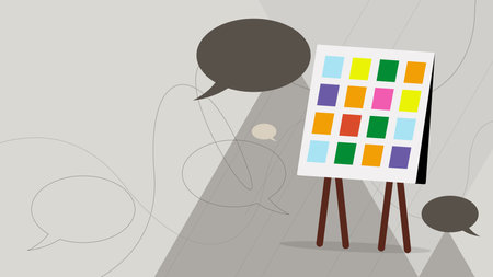 Whiteboard or process planning board with sticky notes and bubble chat. Business discussion, meeting and training class concept background. Vector illustration.のイラスト素材