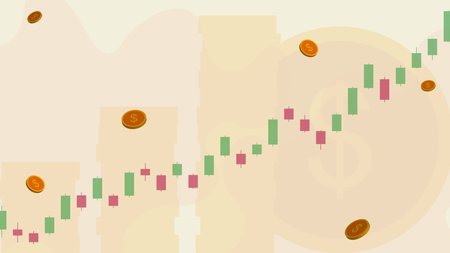 Candlestick chart graph with coin. Financial investment, stock market, forex trading and digital stock exchange trading concept. Vector illustration.のイラスト素材