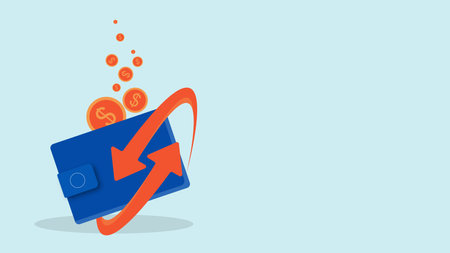 Cashback concept with falling dollar coin and wallet. Refund money or bonus cash back to digital wallet. Digital marketing strategy. Vector illustration.のイラスト素材