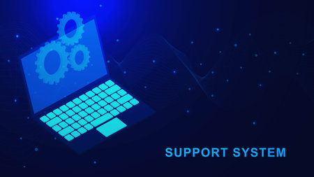 Technical support system concept with laptop and gear wheel in isometric design. Software development. Online remote access and internet connection. Vector illustration.のイラスト素材