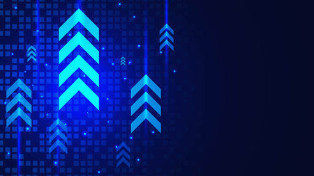 Up arrows with digital pixels and glowing particles. Business, stock market, forex trading,...