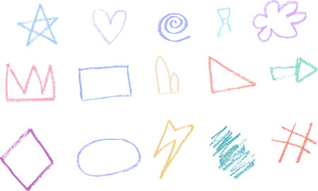 Hand drawn colorful crayon scribble design elements, black on white background. Sketch of various shapes. Vector illustrationのイラスト素材