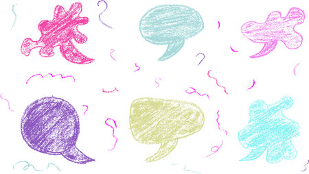 Hand drawn colorful grunge crayon speech bubble, charcoal in scribble style isolated on white background. Dialogue communication and speech bubble concept sign. Vector illustrationのイラスト素材