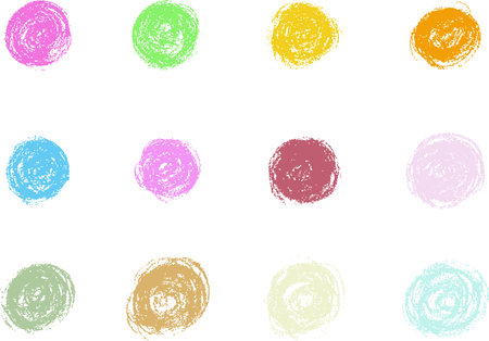 Hand drawn circle scribbles using colorful crayons. Pastel colored grunge pen scribbles collection isolated on white background. Vector illustrationのイラスト素材