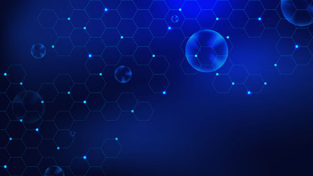 Hexagon pattern with blue bubbles and glowing particles on dark blue background. Vector illustrationのイラスト素材