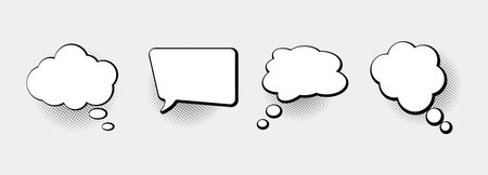 Set of empty comic speech bubbles with black halftone shadow on white background. Thinking bubbles, hand drawn pop art and vintage speech clouds design. Vector illustrationのイラスト素材
