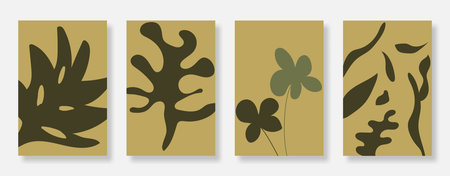 Botanical wall art and poster design set. Hand-drawn abstract foliage with abstract shapes. Suitable for wallpapers, prints, book covers, and banners. Vector illustrationのイラスト素材