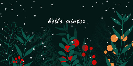 Winter background with flower, botanical leaves and snowfall. Abstract wallpaper, cover, banner, greeting card and invitation. Vector illustrationのイラスト素材