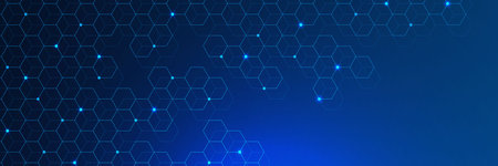 High technology concept with hexagons pattern and glowing dots on dark blue background. Design for...