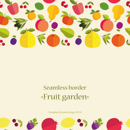 Seamless border of colorful fruits "Fruit garden". Template for your card, invitation, cover and other design.のイラスト素材