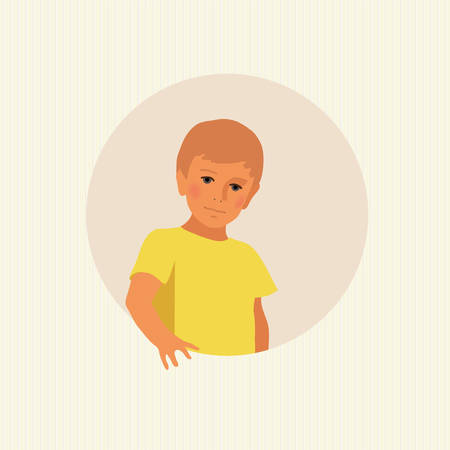 The stylized image of the blond boy in a t-shirt. The rounded frame.のイラスト素材