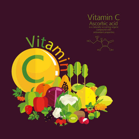 The composition of vegetables, fruits and berries with the highest vitamin C content. Brief description and molecular structure. Dark background.のイラスト素材