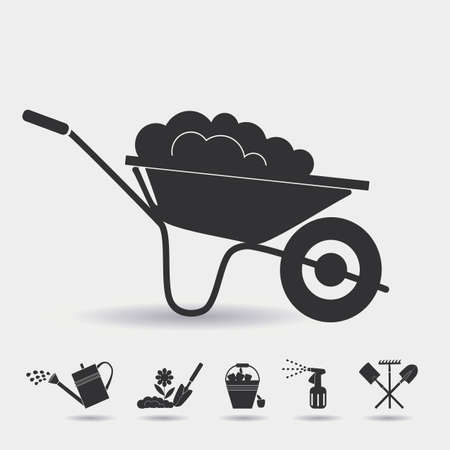 Garden wheelbarrow with soil.  Icons on the theme of organic farming. Devices for  planting seedlings, watering, spraying against pests and treatment, harvesting, digging of the soil.のイラスト素材
