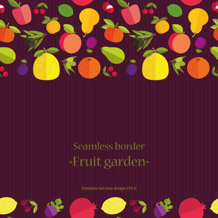 Seamless border of colorful fruits "Fruit garden". Template for your card, invitation, cover and other design. Colored placer on a dark background.のイラスト素材