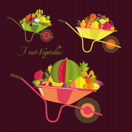 Harvest. Garden wheelbarrow with fruits, vegetables and berries.のイラスト素材