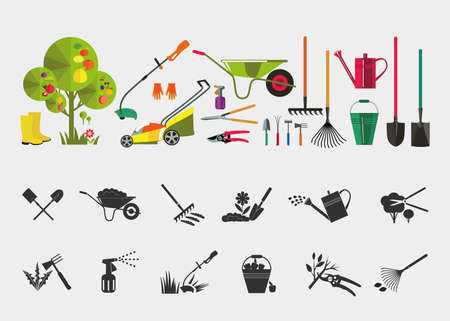 Organic farming. Tools for working in the garden and kailyard.Adaptations for planting, digging ground, irrigation, fertilizer, spraying, weed control, harvesting in the garden.のイラスト素材
