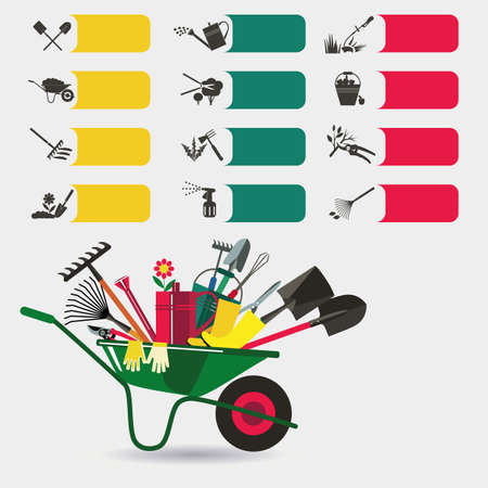 Gardening. Icons on the theme of organic farming. Symbols stages of cultivation of plants. Cultivation and fertilization, planting seedlings, watering, spraying and treatment of pests, weed control, pruning, harvesting, removal of fallen leaves.Garden whのイラスト素材