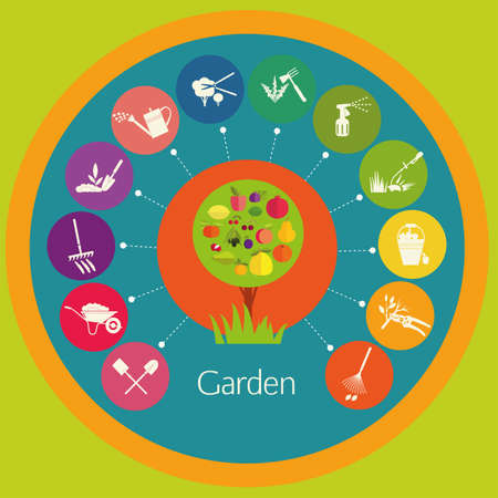 Organic gardening. Stages care cultivated plants: planting, digging up the ground, irrigation, fertilizer, spraying, weed control, harvesting in the garden.のイラスト素材