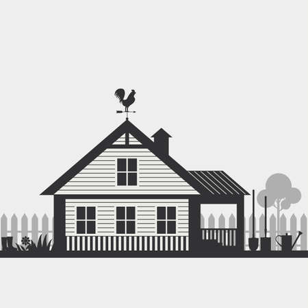 Country life. House with fence and Garden accessorie.のイラスト素材