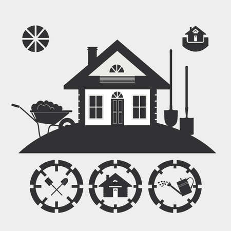 The stylized image of a country house with garden accessories. Dark silhouette against a light background.のイラスト素材