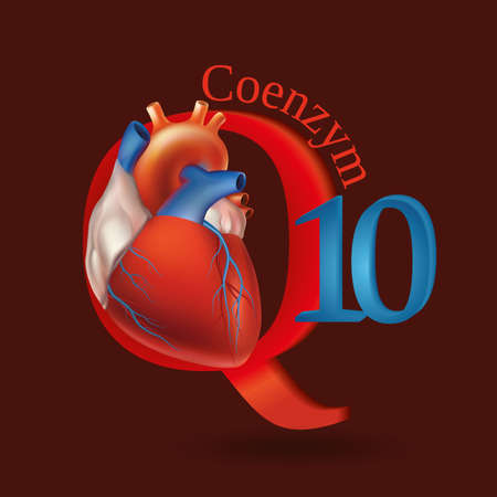 Schematic representation of Coenzyme Q10 - antioxidant substances necessary for the maintenance of normal heart function. Dark red background.のイラスト素材