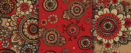 Set of seamless vintage patterns, based on floral motifs. Red and gold.のイラスト素材