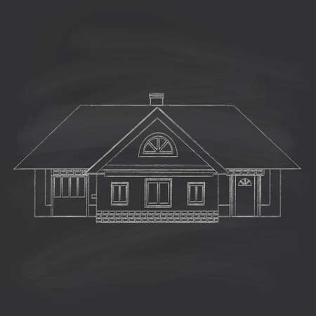 Silhouette drawing of a country house. Chalk on a blackboard.のイラスト素材