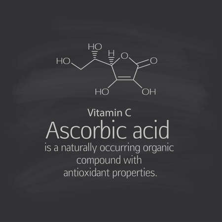 Formula and a brief description of ascorbic acid (vitamin C). Ascorbic acid is a naturally occurring organic compound with antioxidant properties. Scheme and text. Basics of healthy nutrition. Dark background - the student's board.のイラスト素材