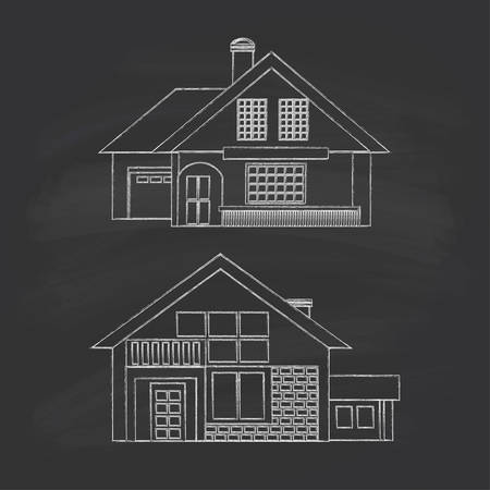 Silhouette drawing summer houses. Chalk on a blackboard.のイラスト素材