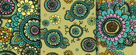 Set of seamless vintage patterns, based on floral motifs. Green tones.のイラスト素材