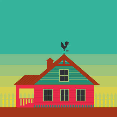 Country life. House with weather vane on the roof. Stylized color images.のイラスト素材