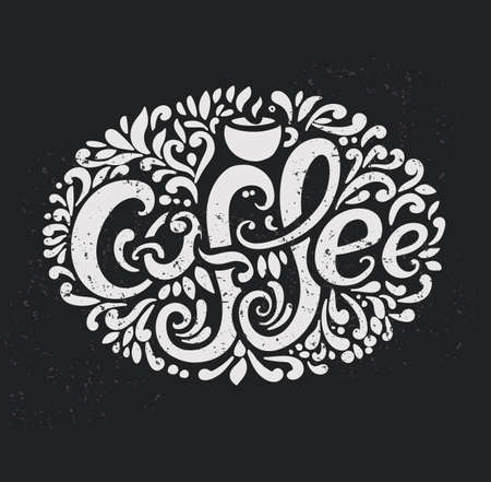 "Coffee" inscription. Hand drawing, an individual font, twisted letters. Lettering. Patterned frame. Scratches.のイラスト素材