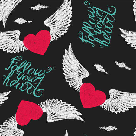 Seamless with winged hearts on a black background "Follow your heart"のイラスト素材
