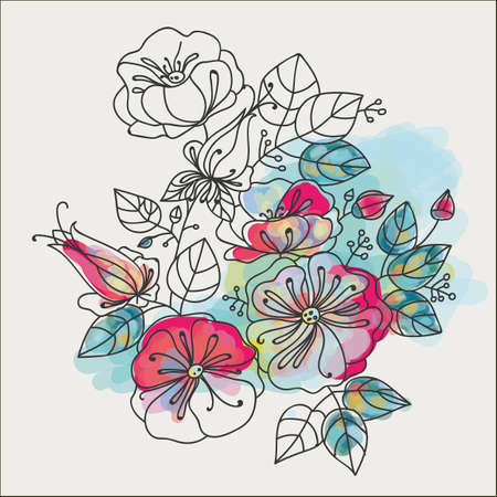 Flower composition - anemones. Contour drawing, partial painting.Stylisation for painting. Hand drawing.のイラスト素材