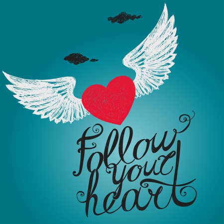 Lettering "Follow your heart." Composition with inscription and red winged heart on a blue background. Hand drawing.のイラスト素材