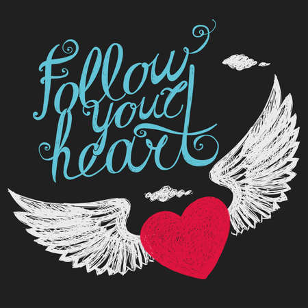 Lettering "Follow your heart." Colour composition with a winged heart on a dark background. Hand drawing.のイラスト素材
