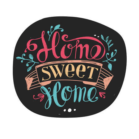 Lettering "Home sweet home". Hand drawing. Twisted sign, design elements. Dark label, colored letters.のイラスト素材
