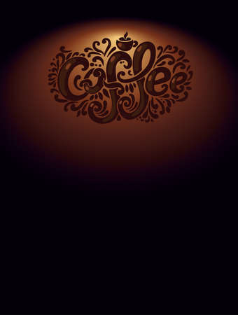 "Coffee" inscription. Hand drawing, an individual font, twisted letters. Lettering. Pattern Frame. The composition on a dark brown background, dark font.のイラスト素材