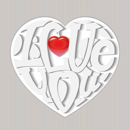 Design lettering "I love you." Hand drawing, an individual font. The composition of the letters in the shape of a heart. Volumetric white letters with a glossy red heartのイラスト素材