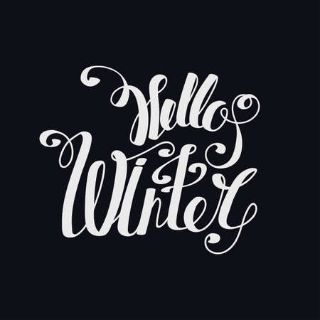 Lettering "Hello Winter". hand drawing font. Twisted inscription. Individual letters. Curls. Bright inscription on a dark backgroundのイラスト素材