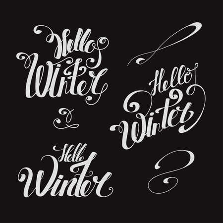 Set of lettering "Hello Winter". hand drawing font. Twisted inscription. Individual letters. Uppercase letters. Retro style. Dark background, bright lettersのイラスト素材