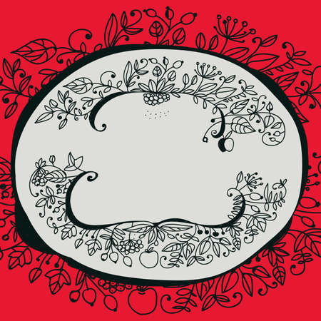 Background with natural elements. The leaves and berries. Black-and-white pattern on a red background. The oval design.のイラスト素材